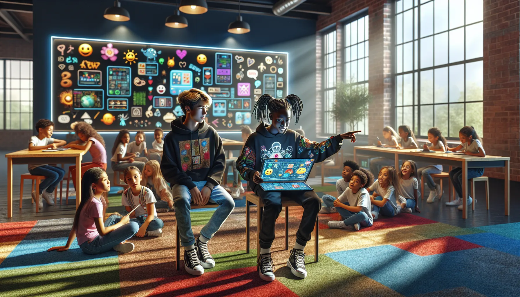 Gen Z and Gen Alpha children engaging with technology in a modern classroom.