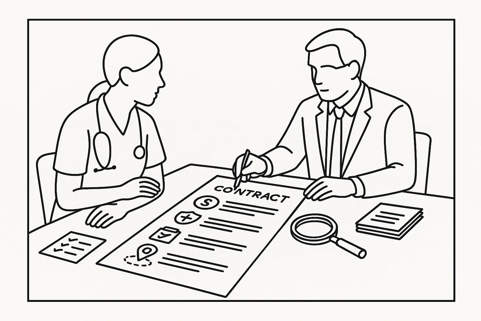 Attorney and nurse practitioner reviewing a contract with annotated icons.