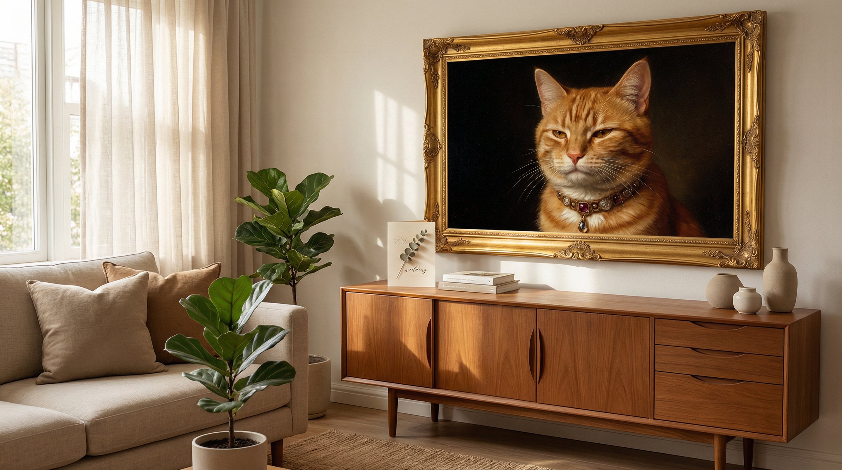 Framed Renaissance-style custom cat portrait hanging in a sunlit living room.
