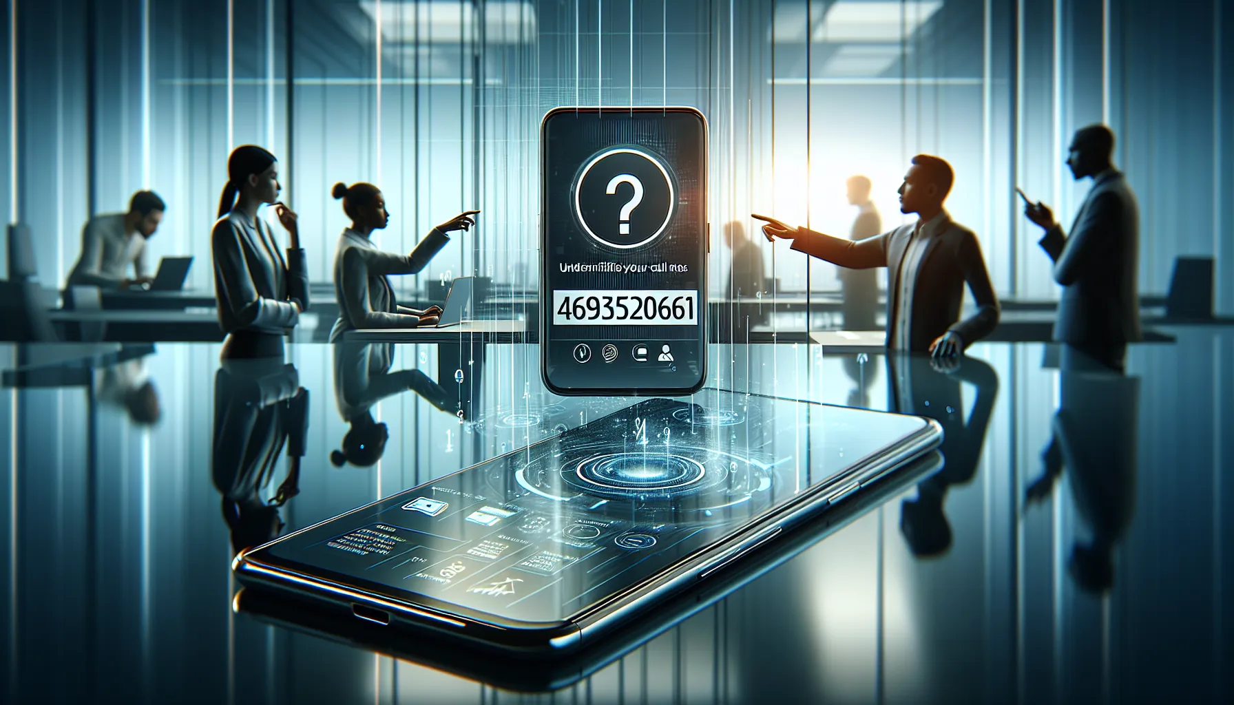 smartphone displaying the number 4693520261 in a modern office.