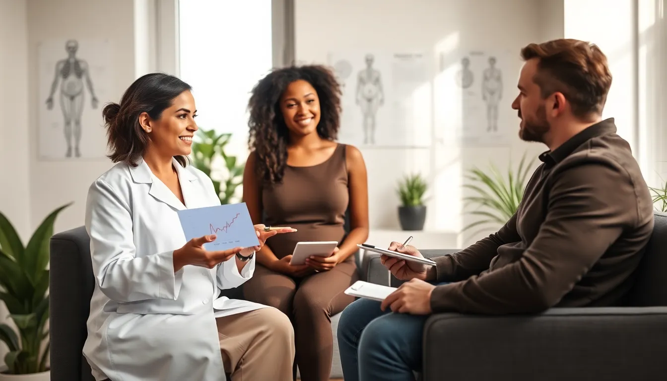 healthcare professional discussing HCG levels with a diverse couple.