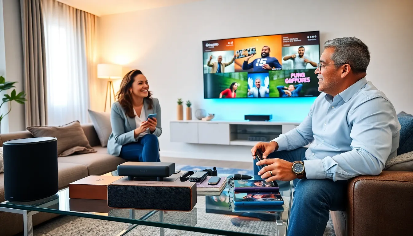diverse professionals discussing consumer electronics in a modern living room.