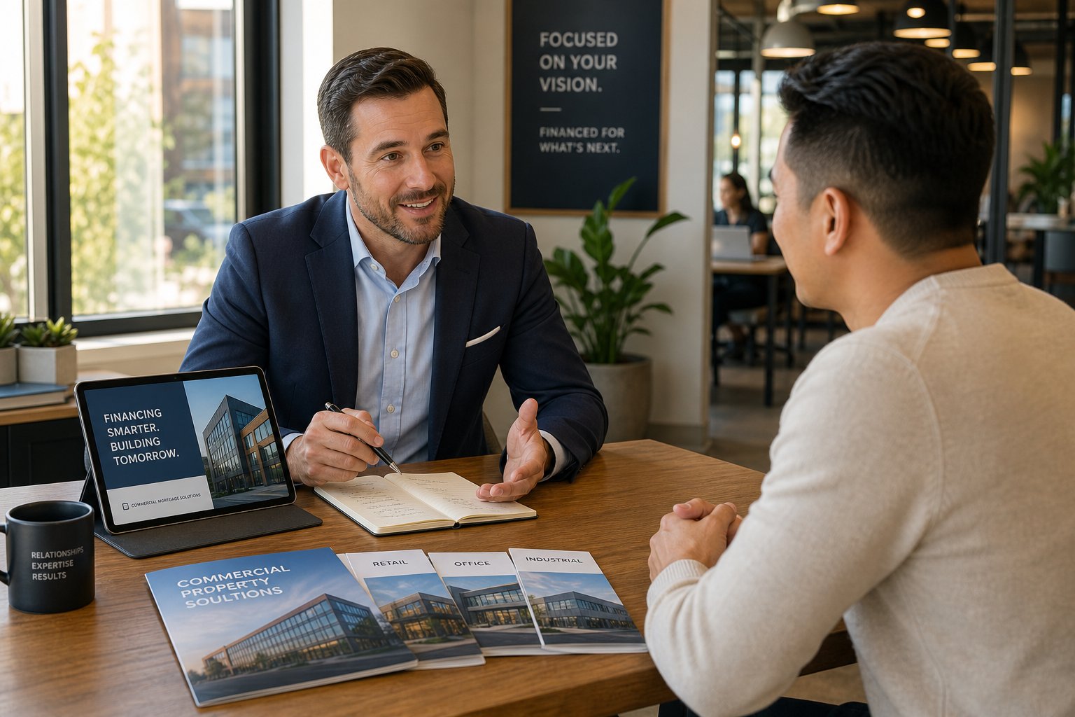 Commercial mortgage specialist consulting an entrepreneur in a bright modern office.