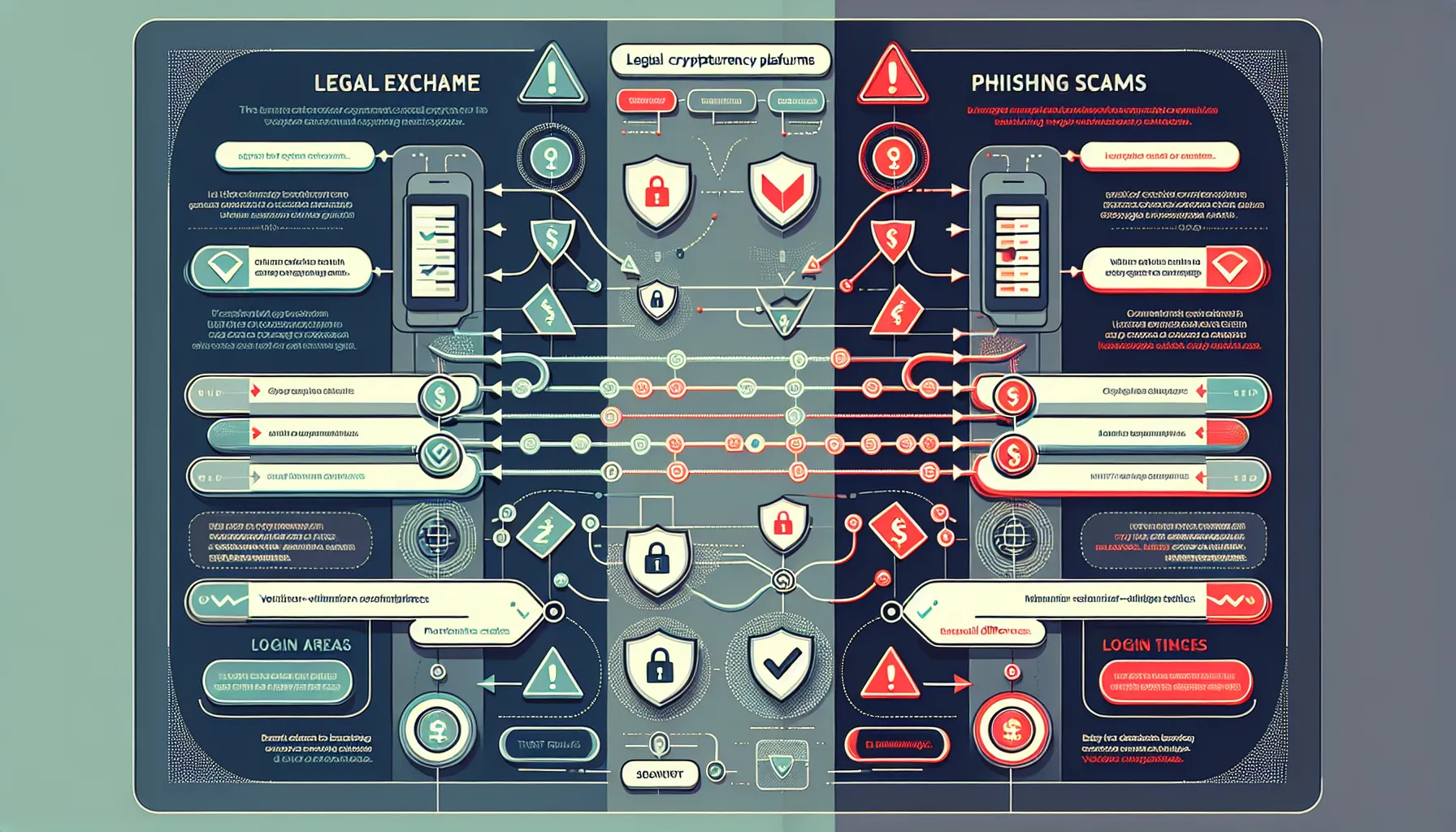 Comparison chart showing legitimate crypto platforms versus phishing scam indicators