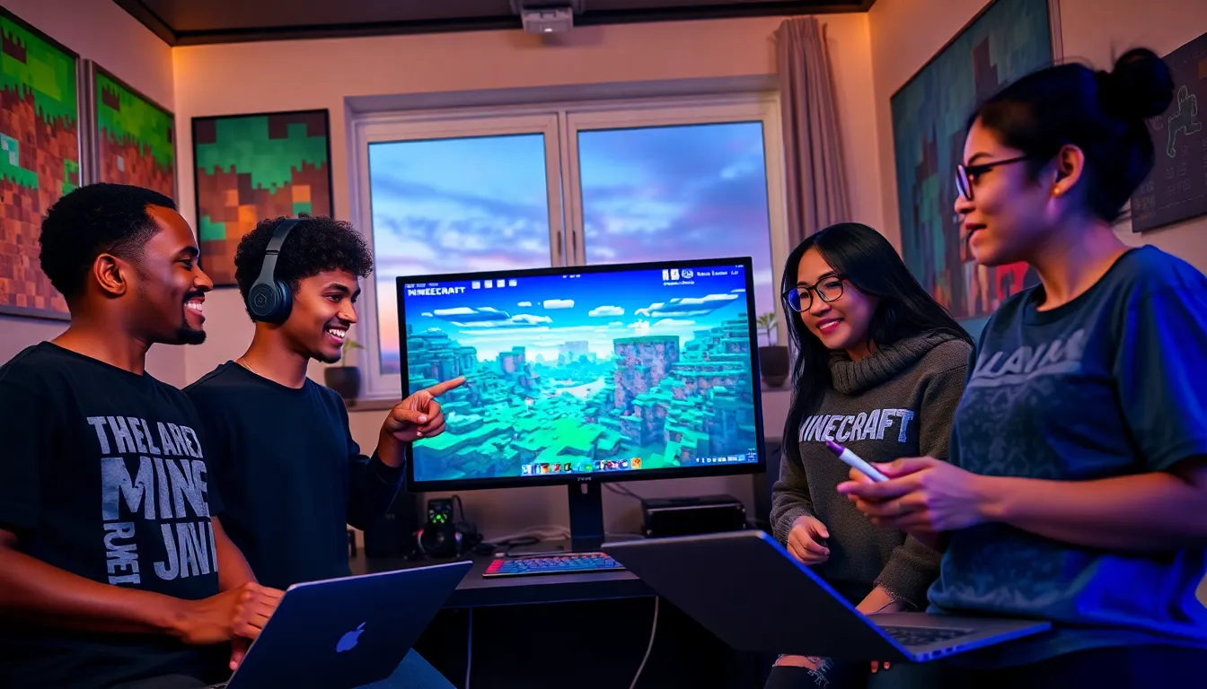 a group of diverse gamers enjoying Minecraft Java Edition together.