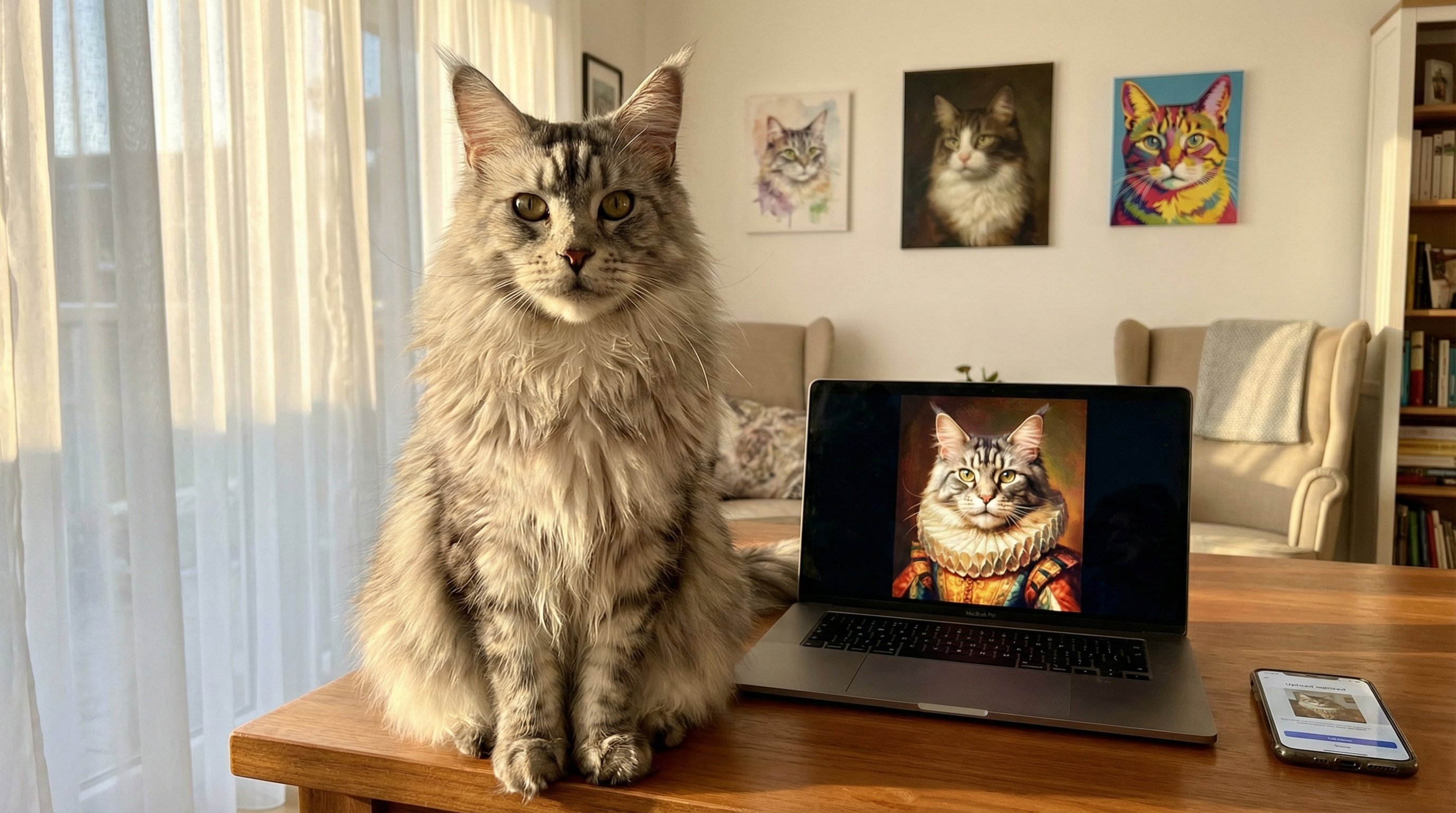 Maine Coon cat beside a laptop displaying a custom digital pet portrait.