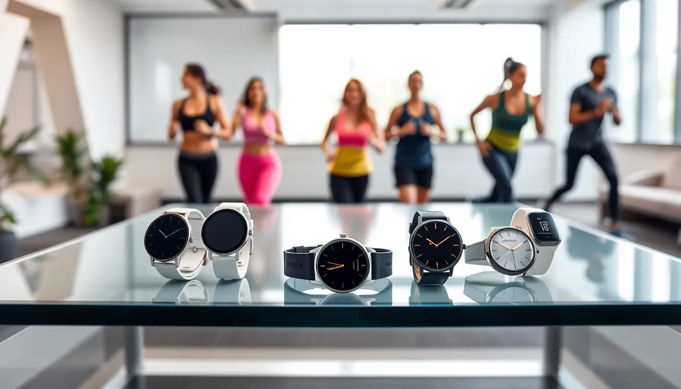 Assorted Misfit wearables on a stylish table in a modern office.