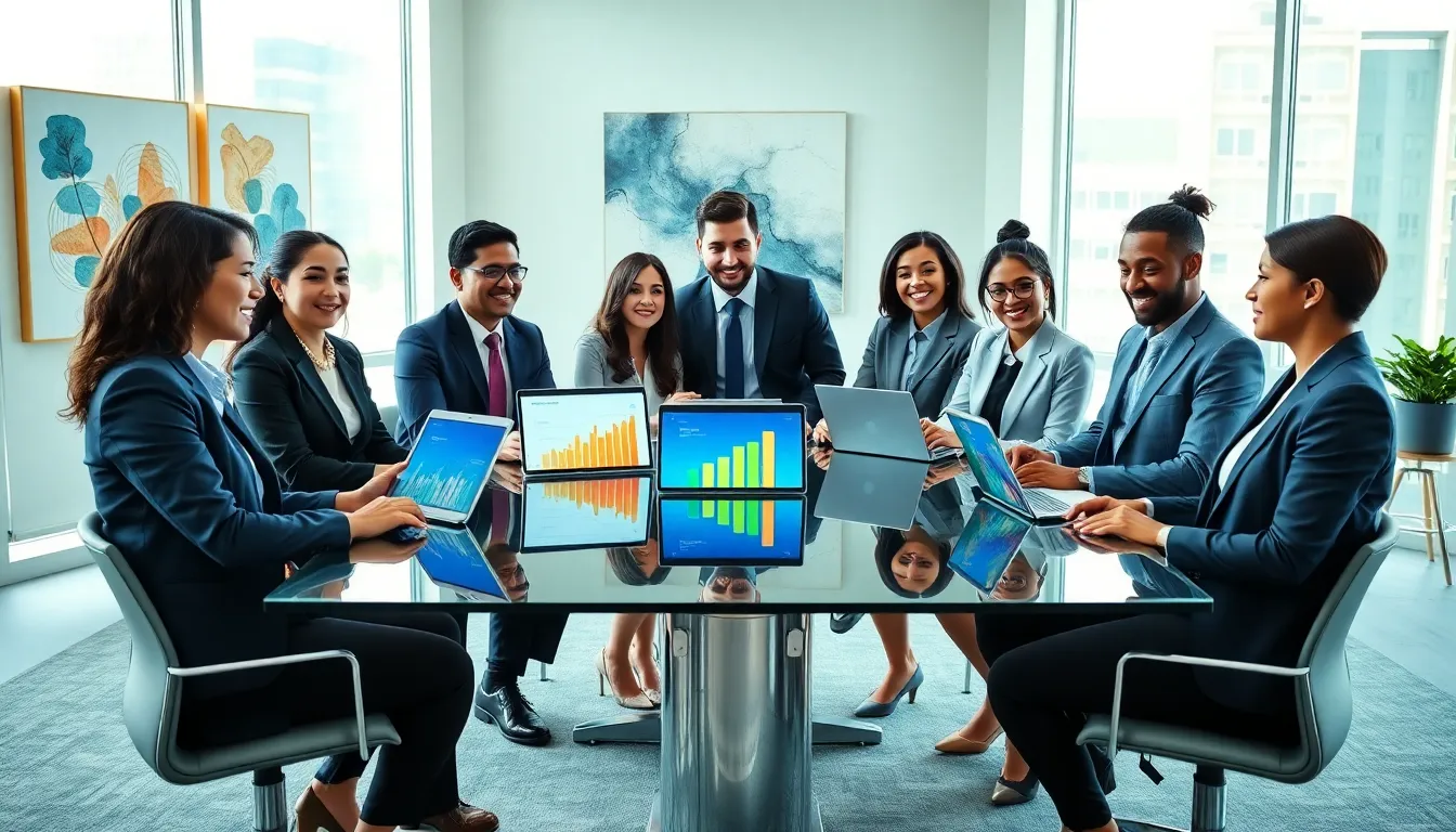 diverse professionals collaborating in a modern office setting.