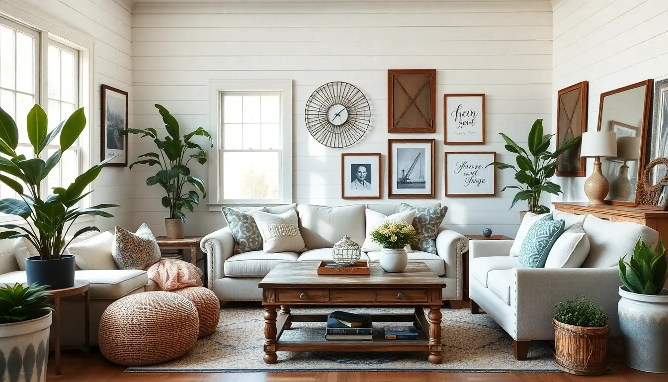 a cozy living room reflecting Joanna Gaines' design style.