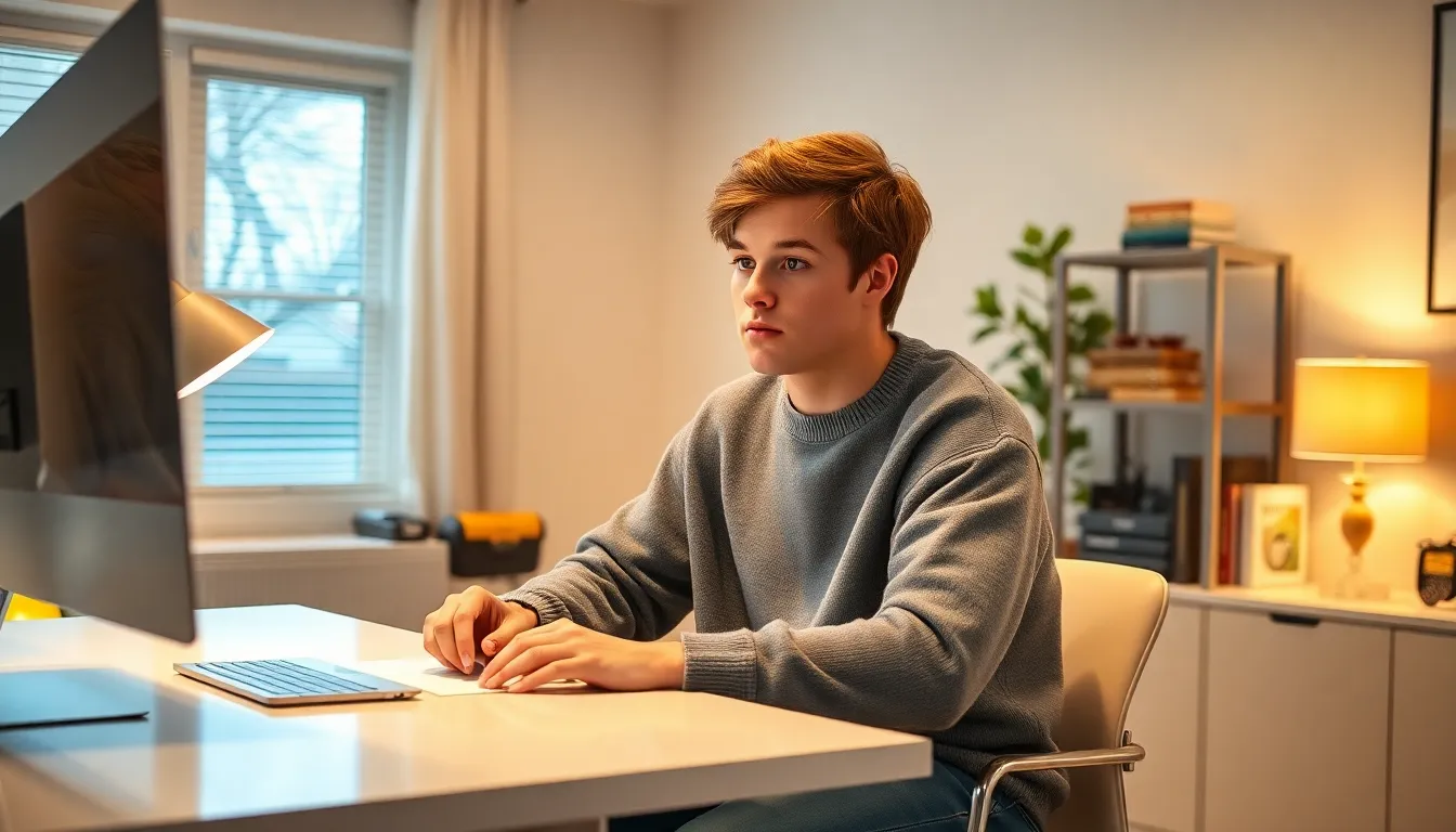 teenage boy reflecting in a modern home office setting.