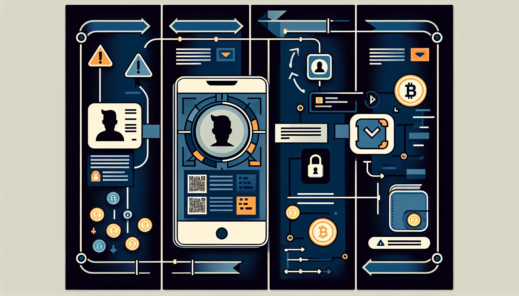 Three-panel infographic showing fake celebrity social media scam leading to crypto wallet loss.
