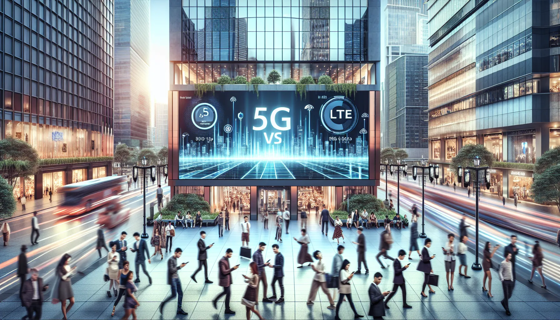 people using smartphones in an urban street with a digital billboard showcasing 5G and LTE