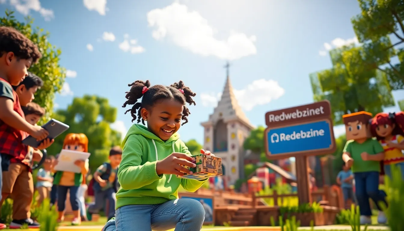 A young girl building in a vibrant Minecraft village with diverse players.