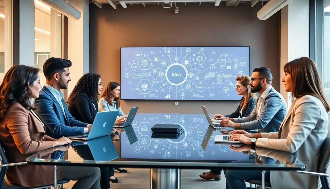 Diverse team collaborating in a modern office setting.