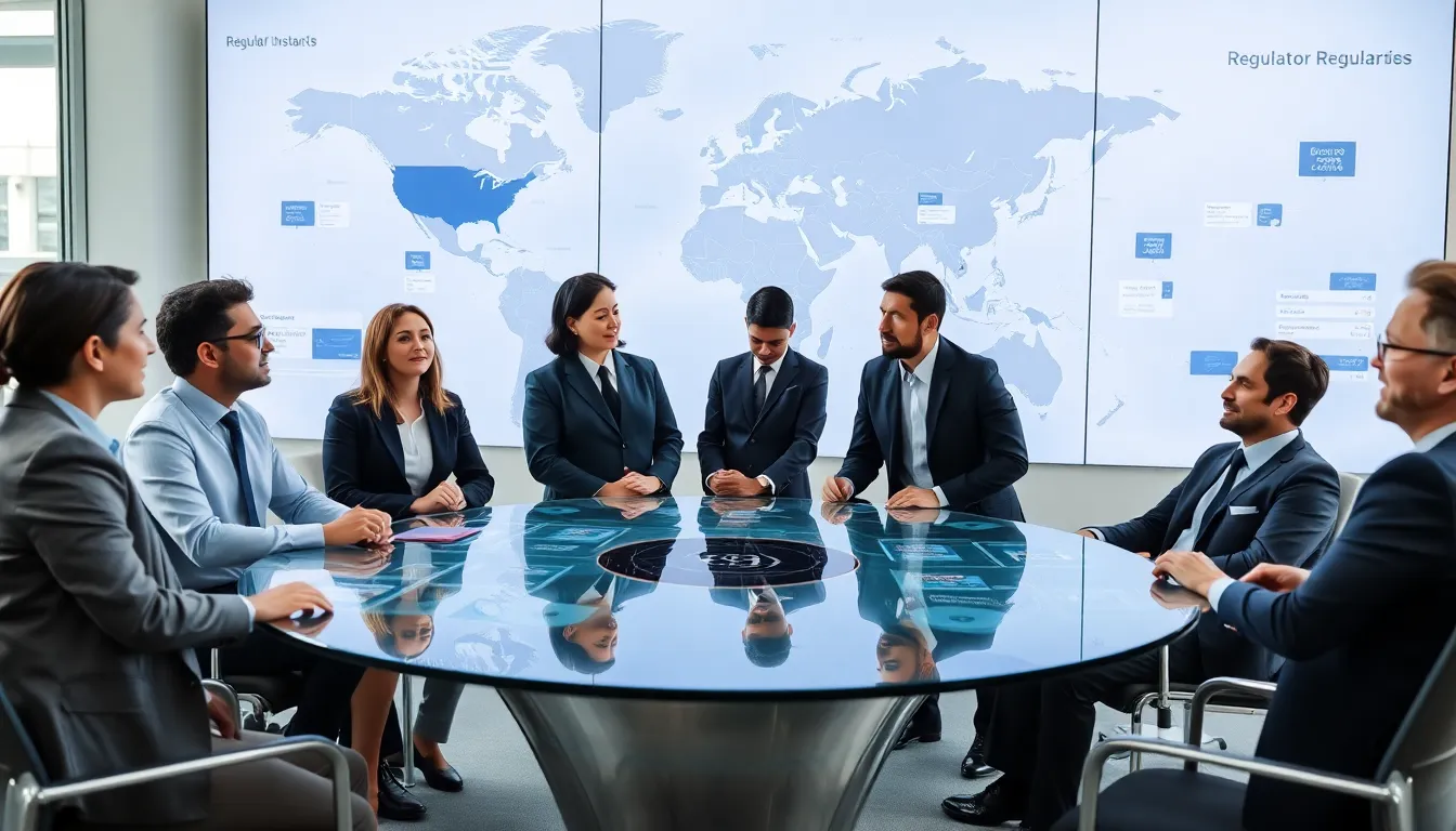 diverse team discussing global regulatory affairs in a modern office.