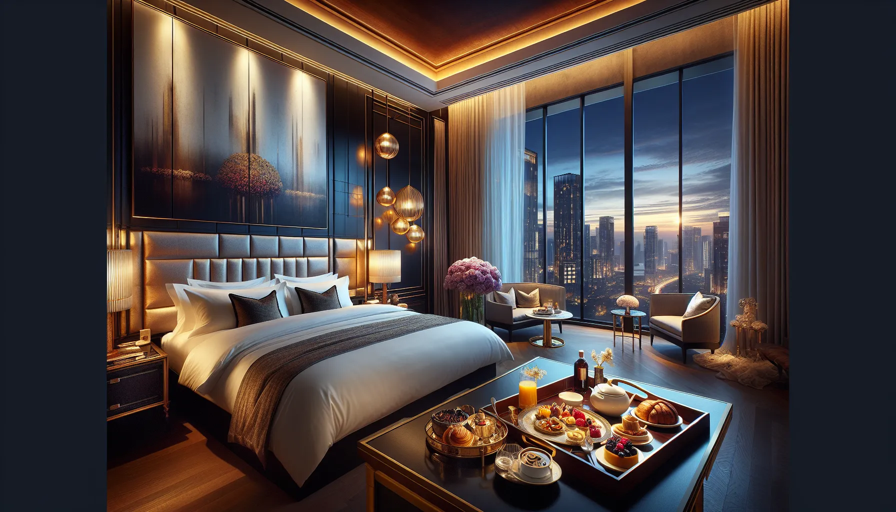luxurious hotel room with skyline view and gourmet breakfast.