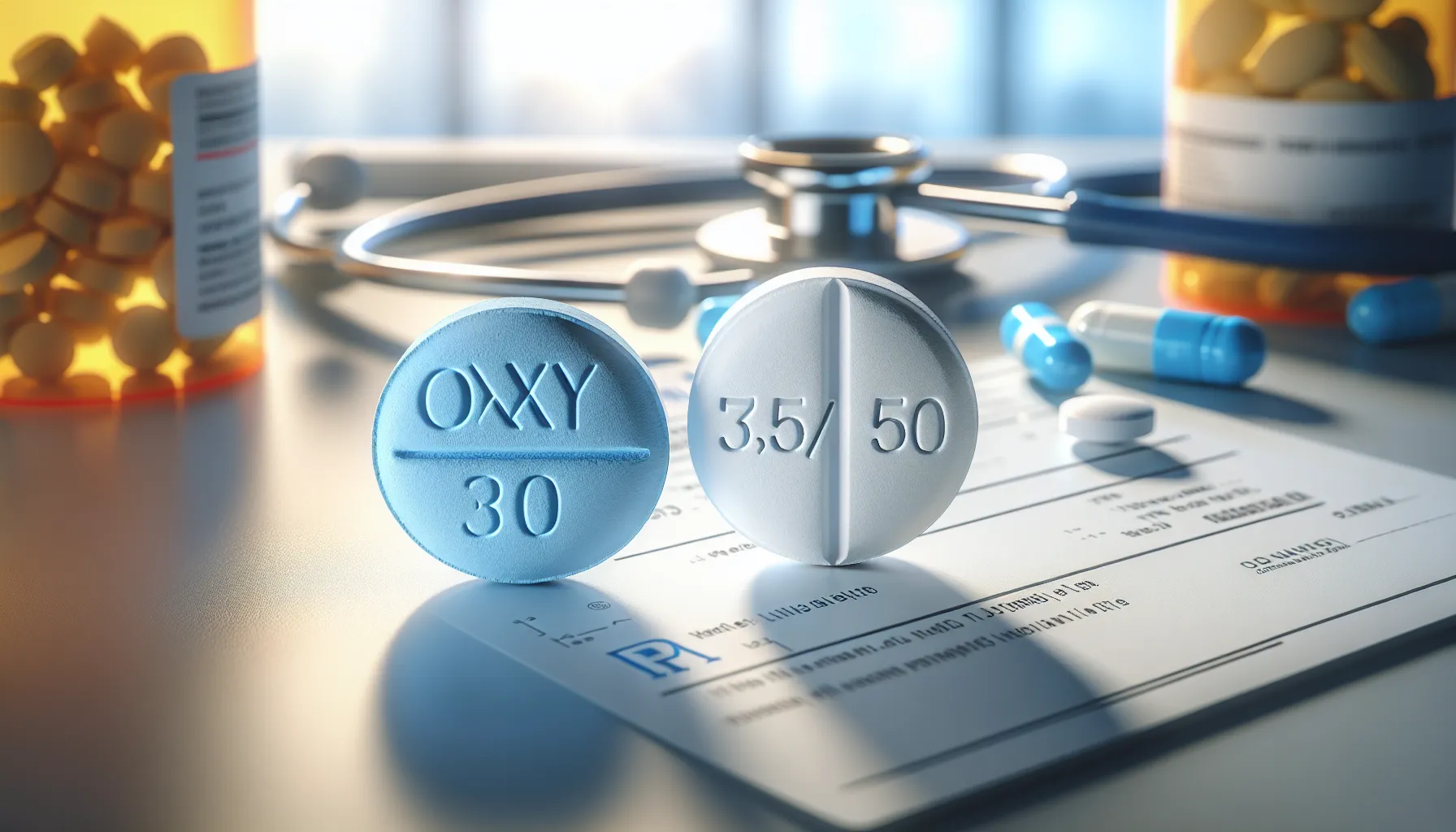 Comparison of oxycodone and Vicodin pills on a white surface.