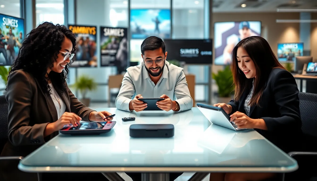 diverse team engaging with portable gaming devices in an office setting.
