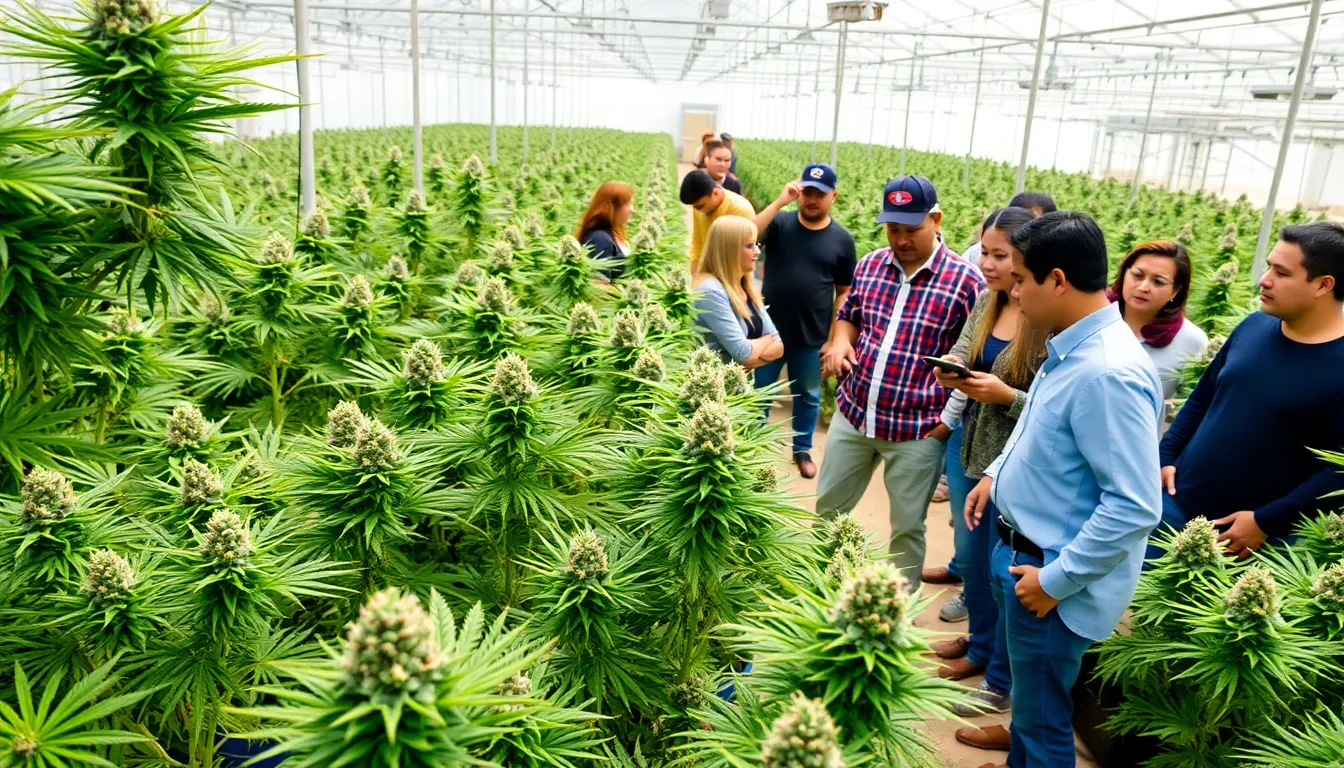 diverse cultivators inspecting vibrant Hydaguay cannabis plants in a greenhouse.