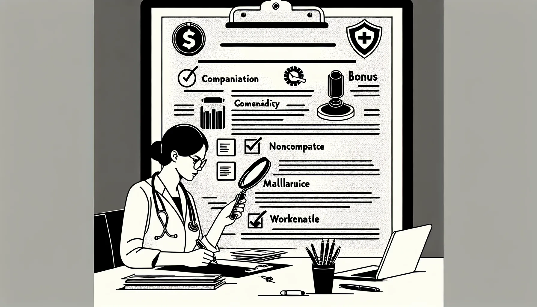 Physician at a desk examining a contract with icons for key negotiation points.