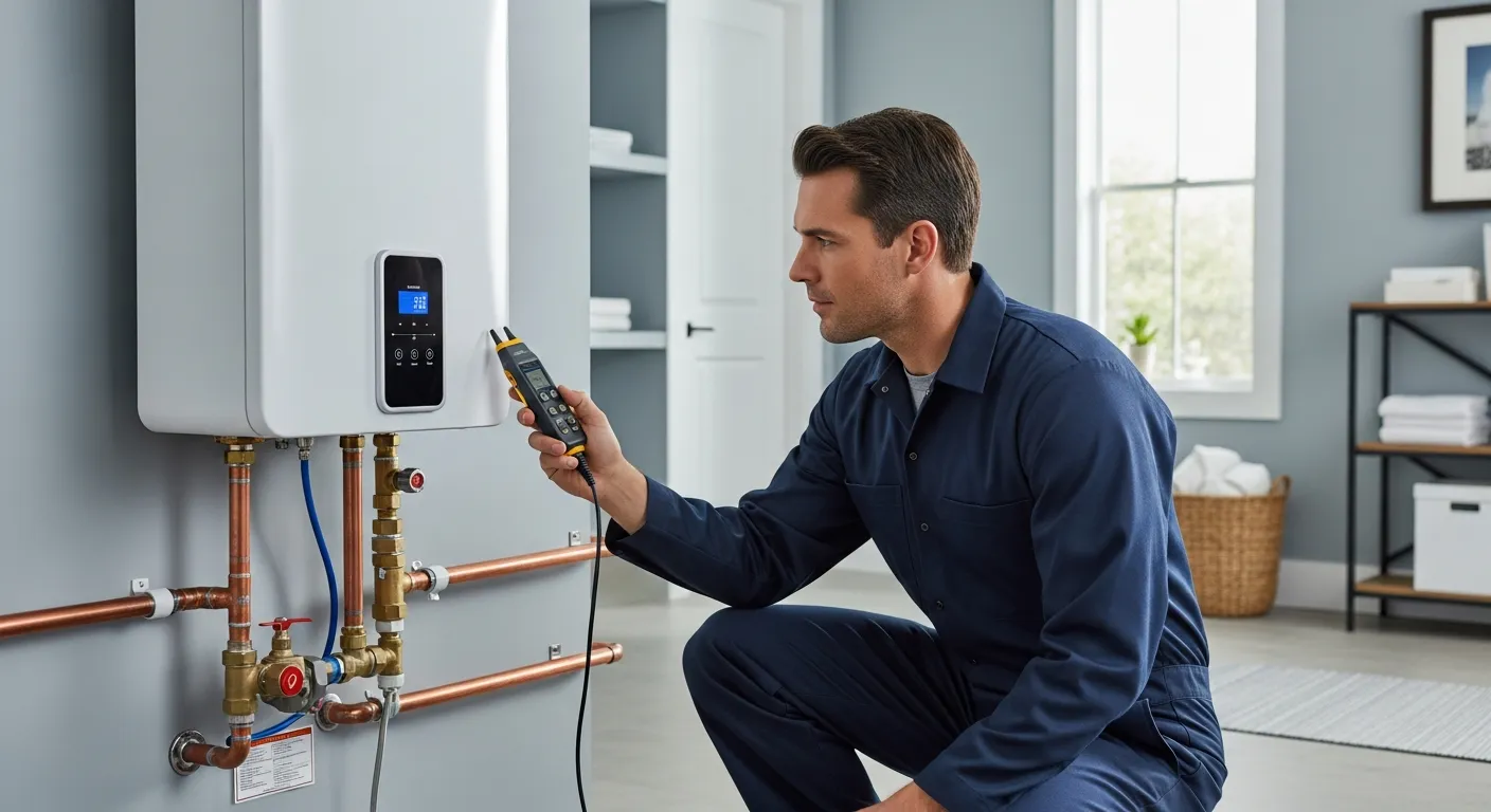 Plumber diagnosing a wall-mounted tankless water heater in a modern home utility room.