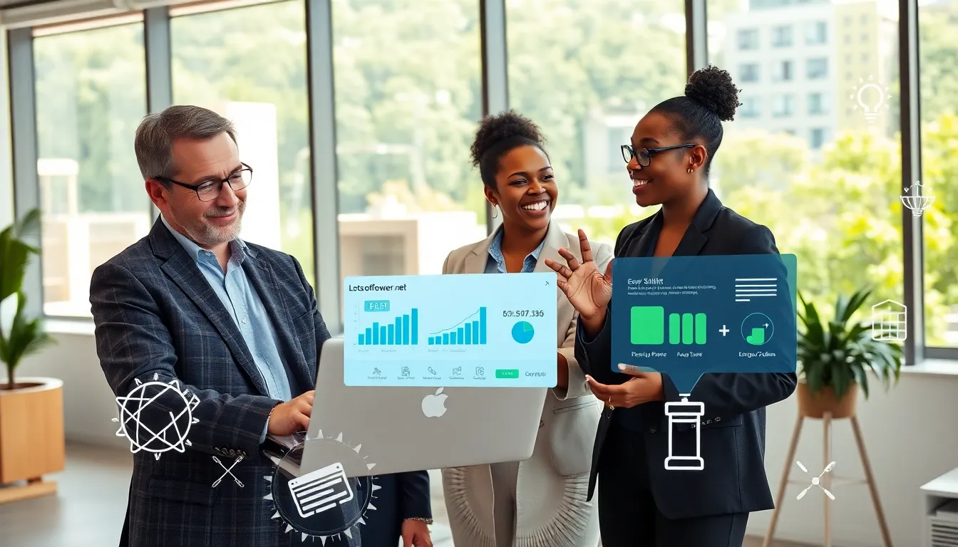 professionals collaborating on a power management platform in a modern office.