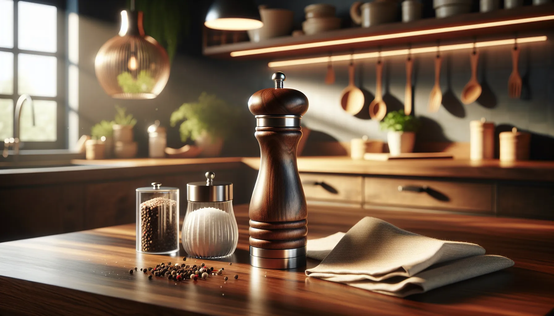 Beau Mac Salt and Pepper Mill displayed in a sleek kitchen setting.
