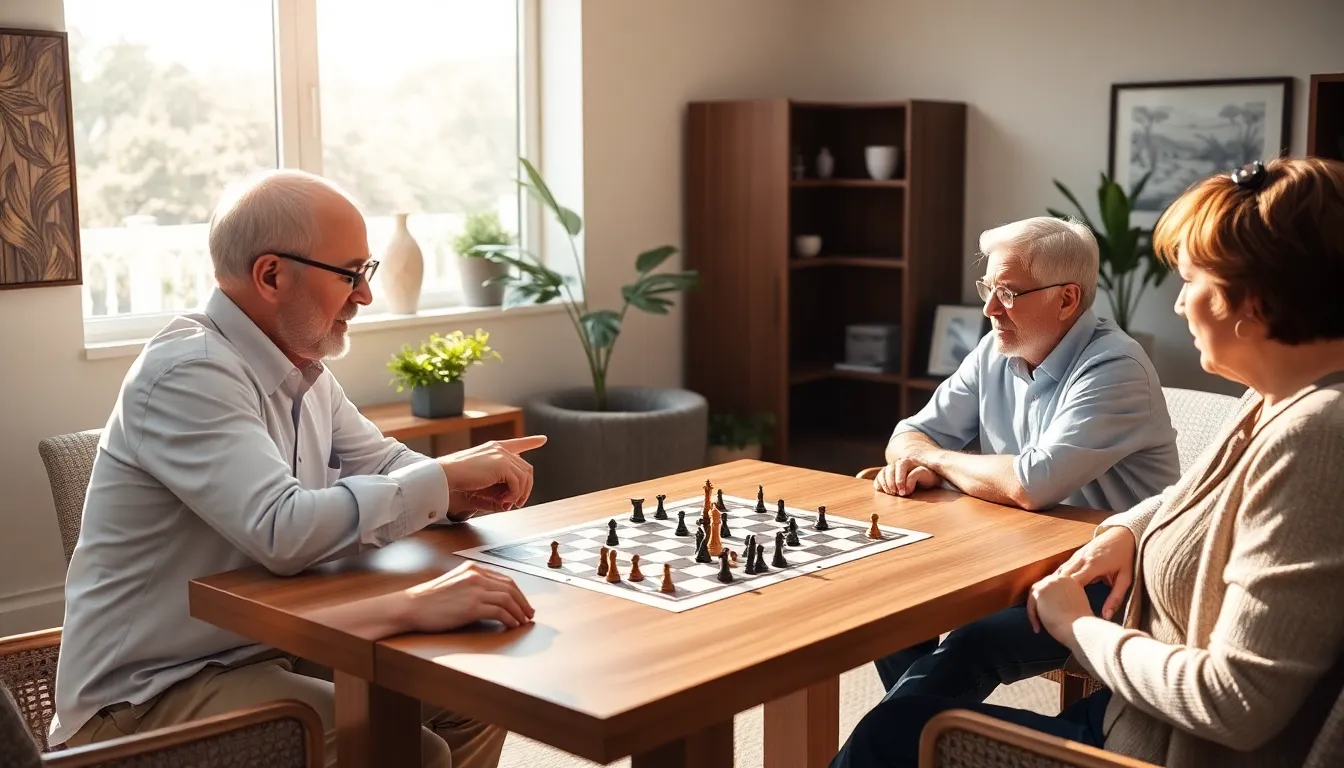 seniors playing a war game in a bright, modern room.