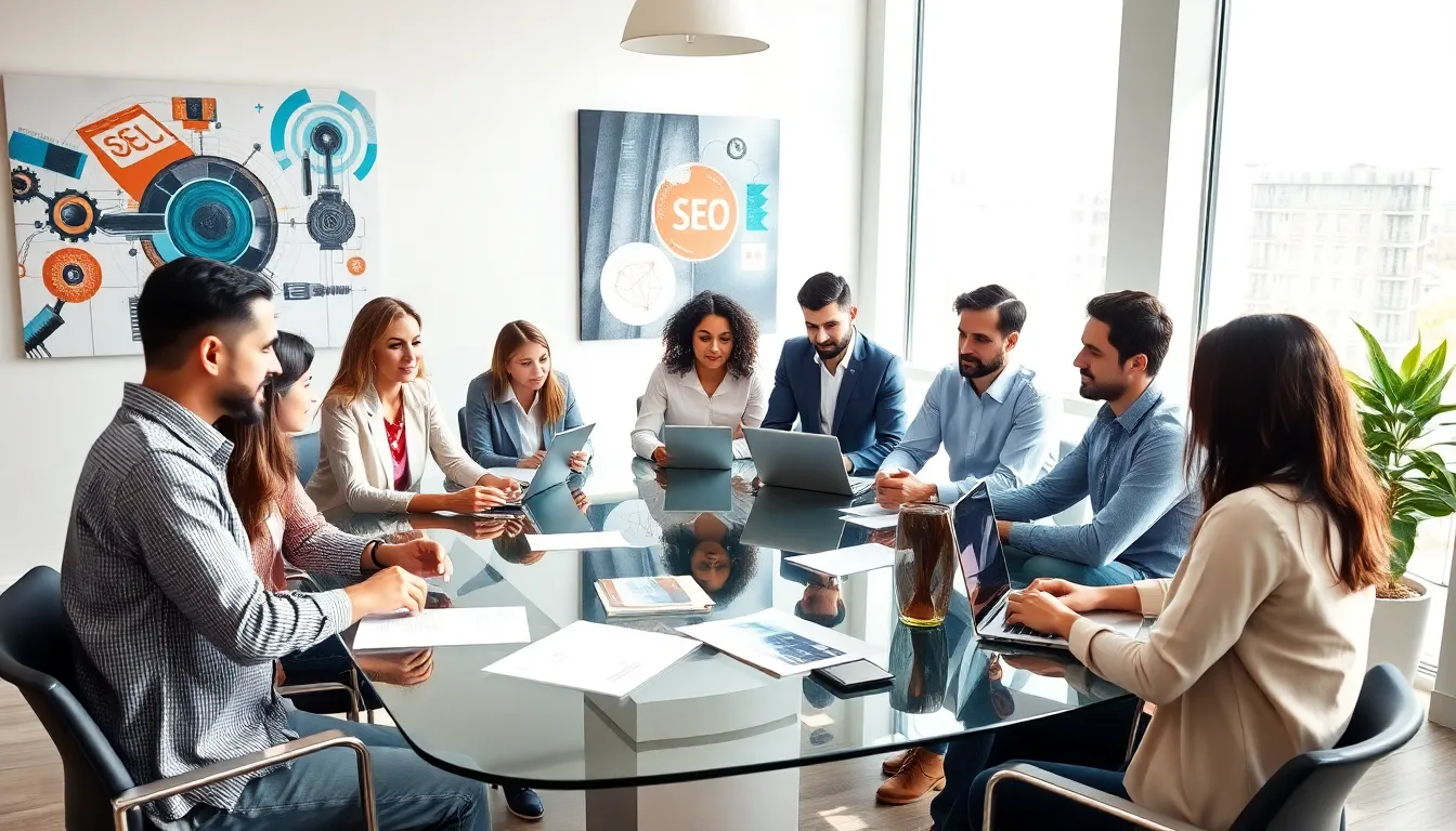 diverse marketing team collaborating in a modern office.