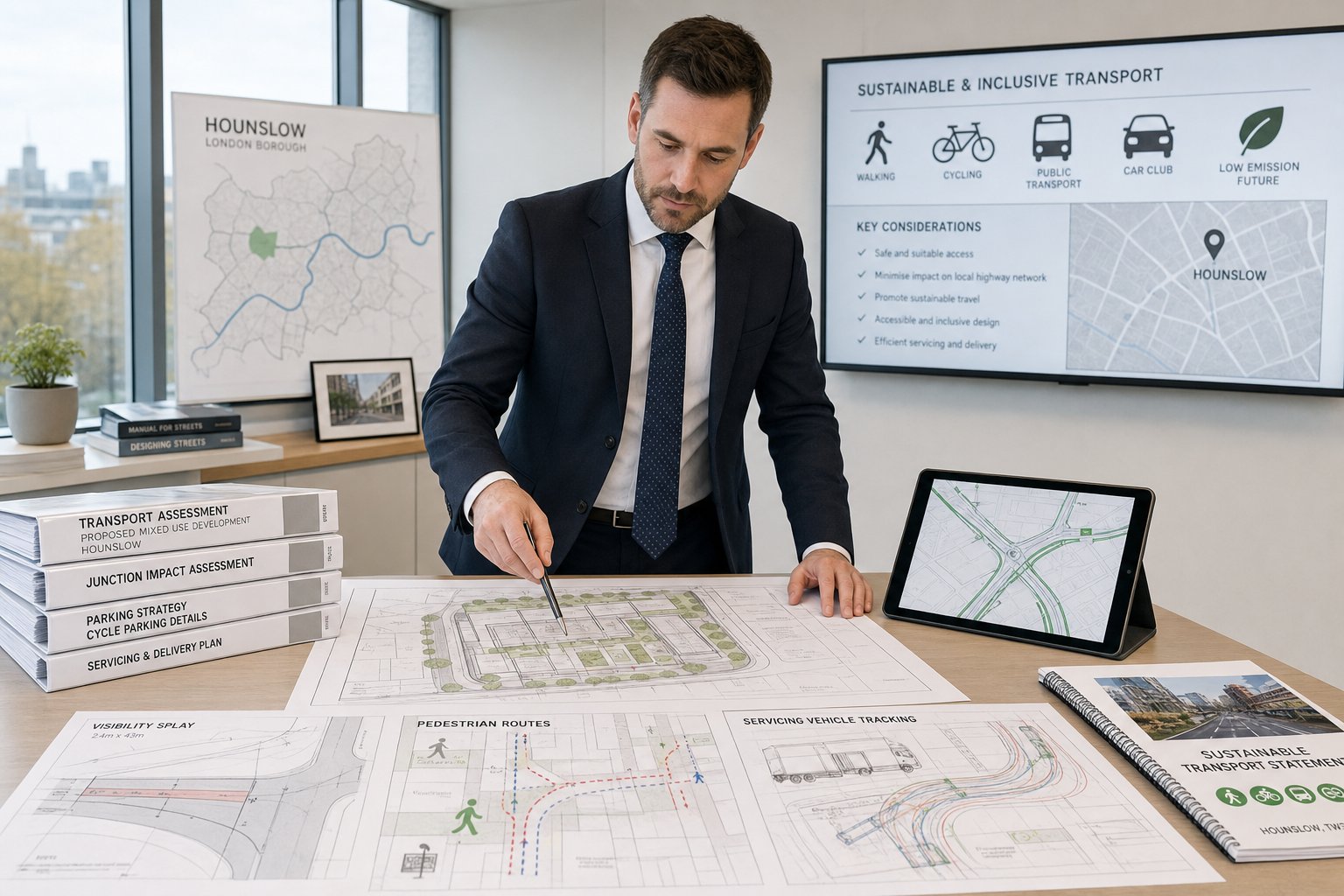 Traffic engineer reviewing development transport plans in a modern office.