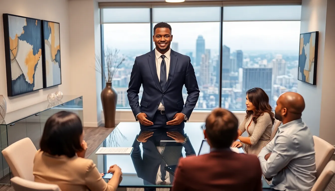 Timothy Williams in a modern office with clients discussing real estate.