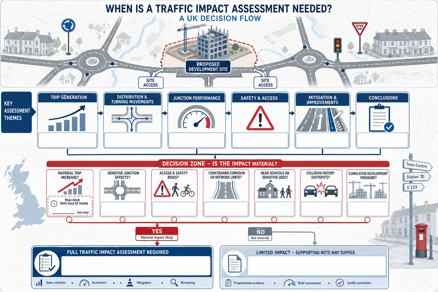 Infographic showing when a traffic impact assessment is needed in the UK.
