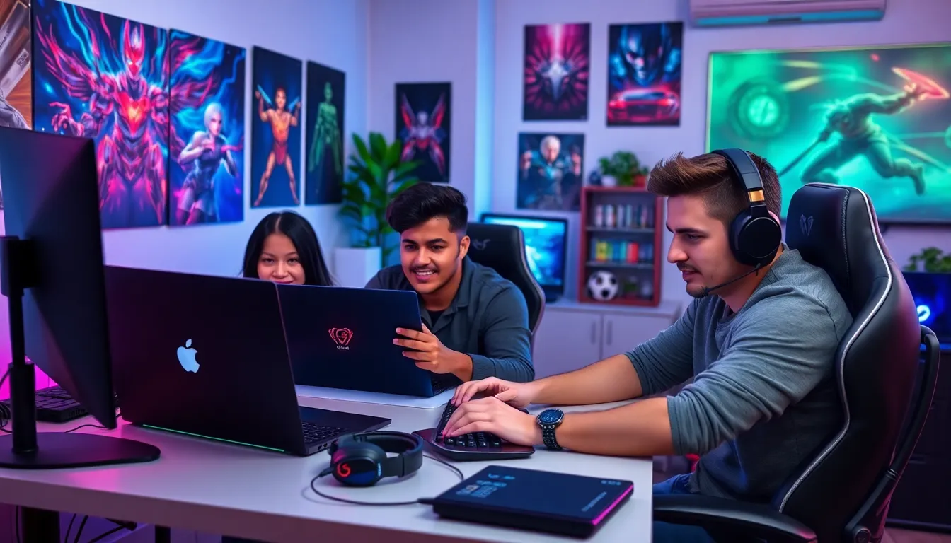 diverse gamers in a modern home office setting.