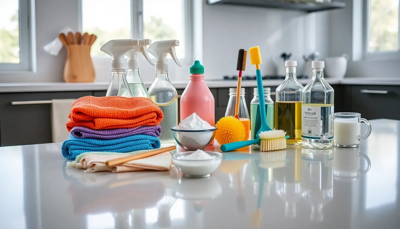 organized kitchen cleaning tools on a countertop.