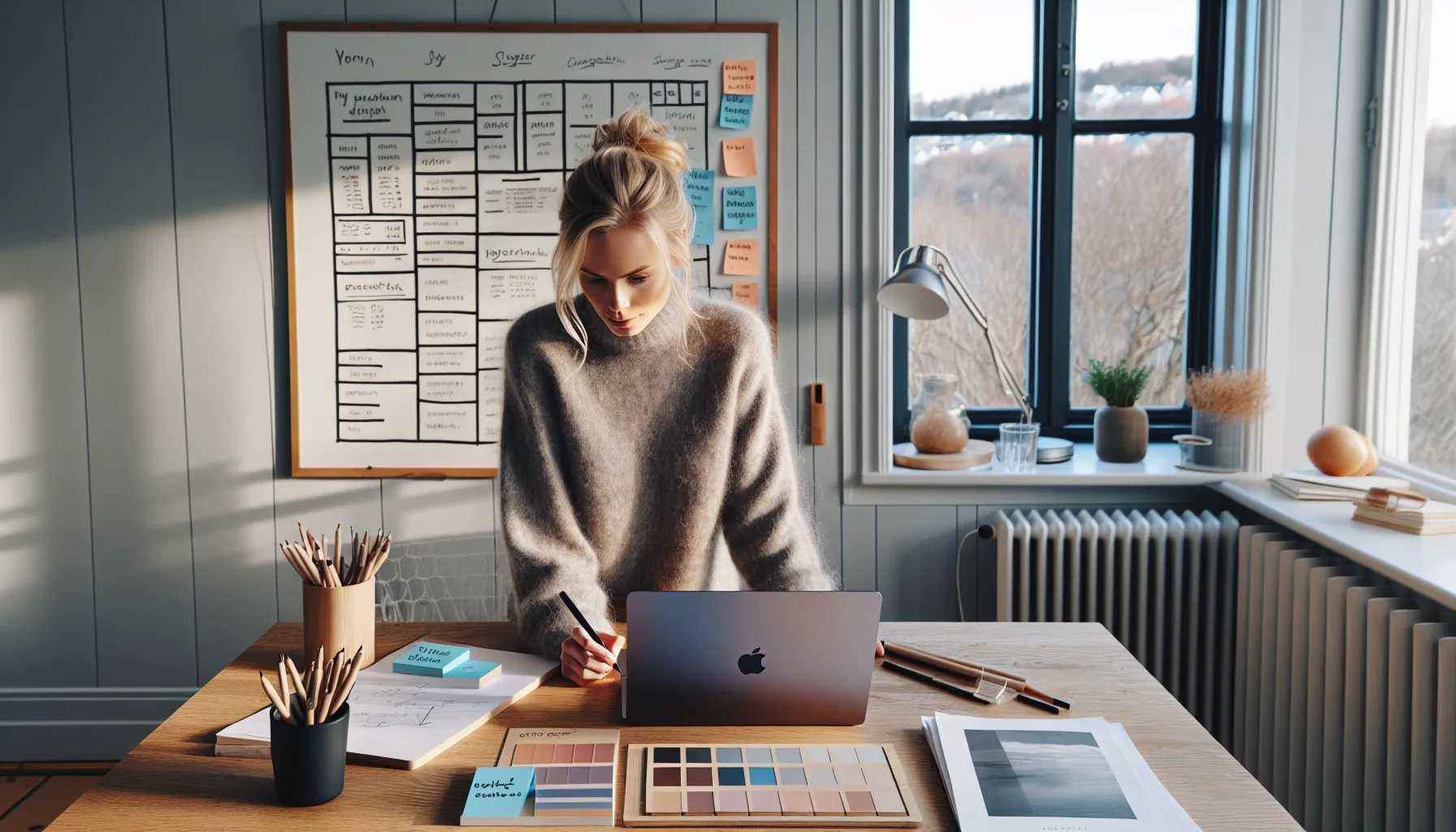 Norwegian designer plans a custom wordpress blog theme at a sunlit desk.