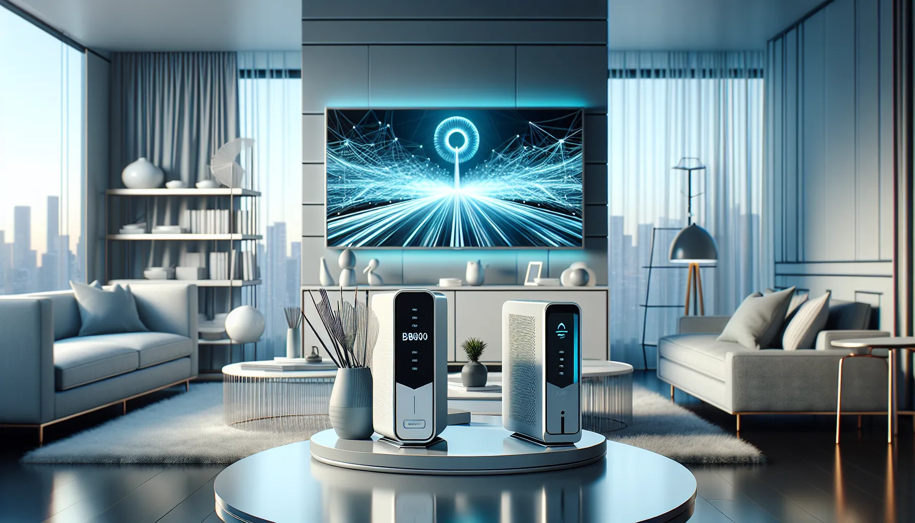 Modern living room with Motorola and Netgear cable modems.