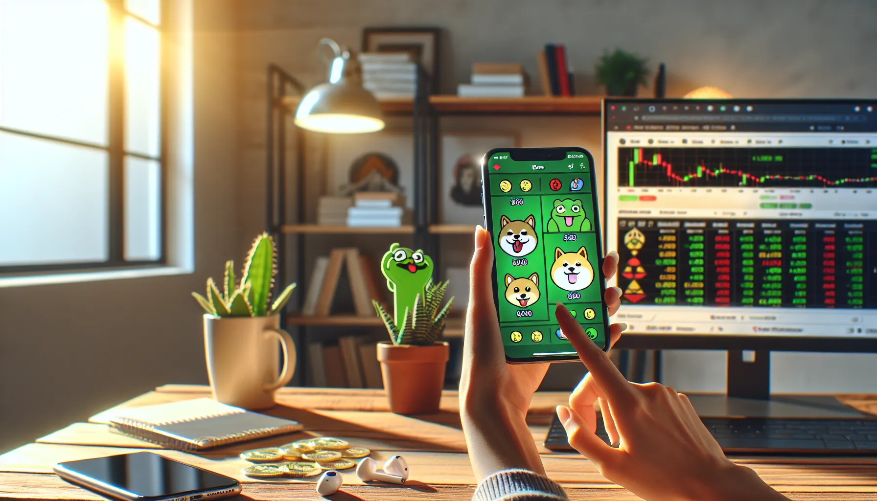 Meme Coins: Understanding the Viral Crypto Phenomenon 2 Young trader viewing meme coin cryptocurrency app with cartoon mascots on smartphone screen.
