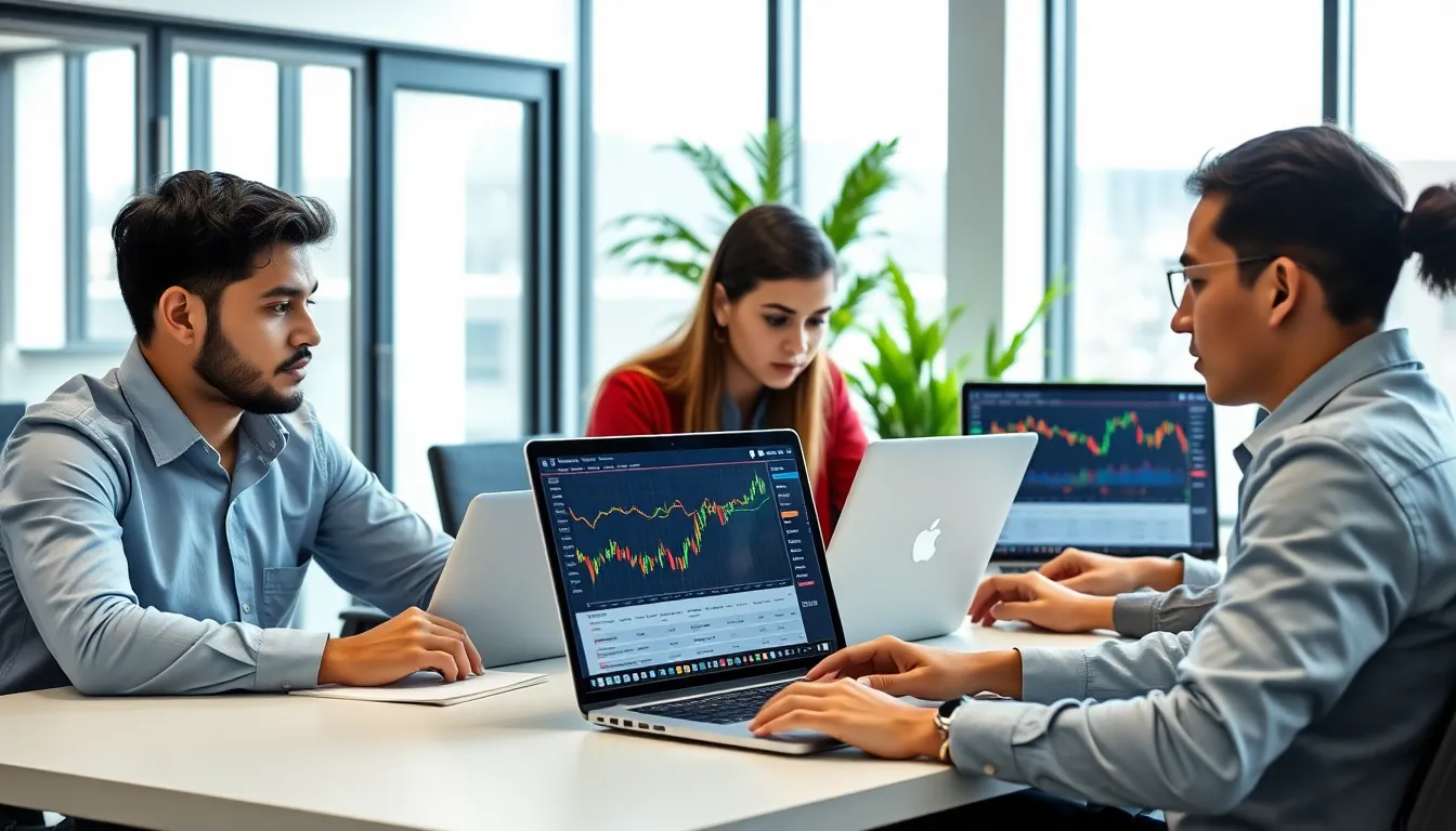 Diverse professionals trading cryptocurrencies at a modern office workspace.