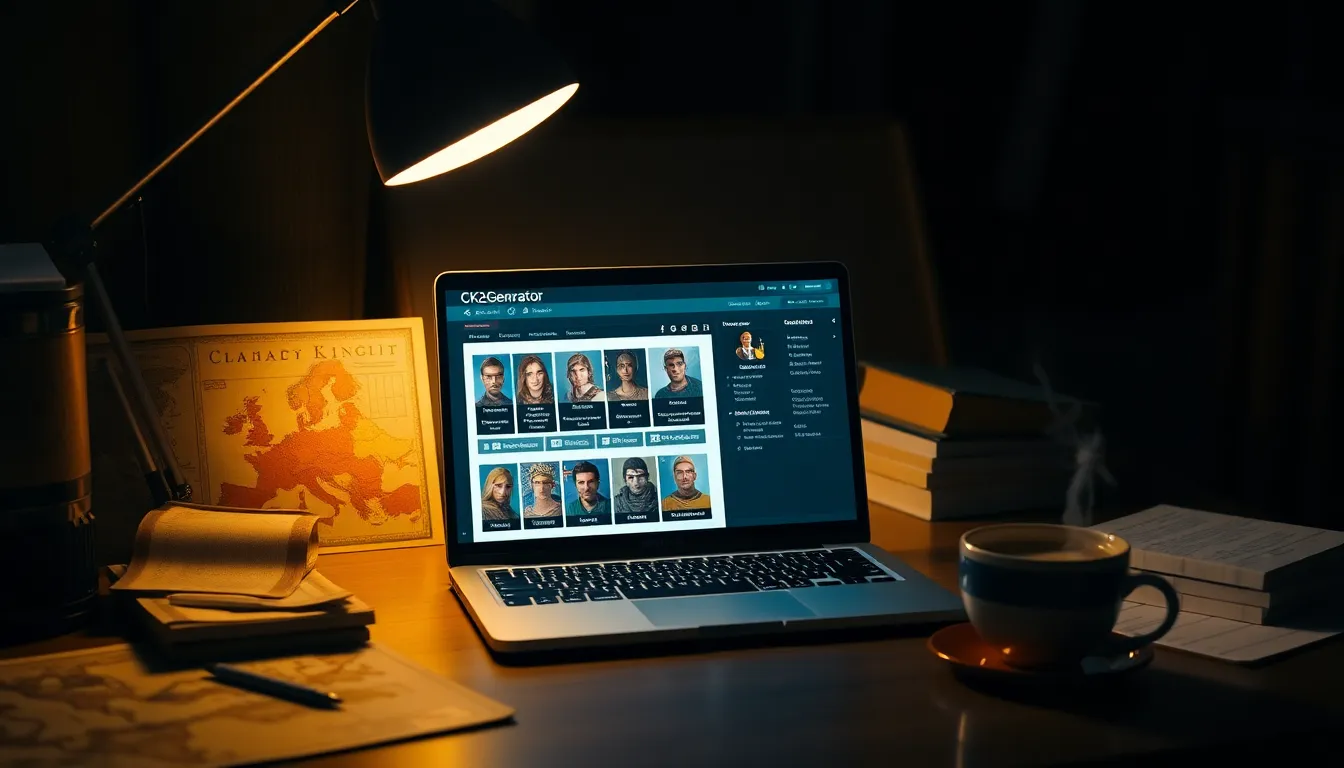 A laptop displaying the CK2Generator interface in a cozy workspace.