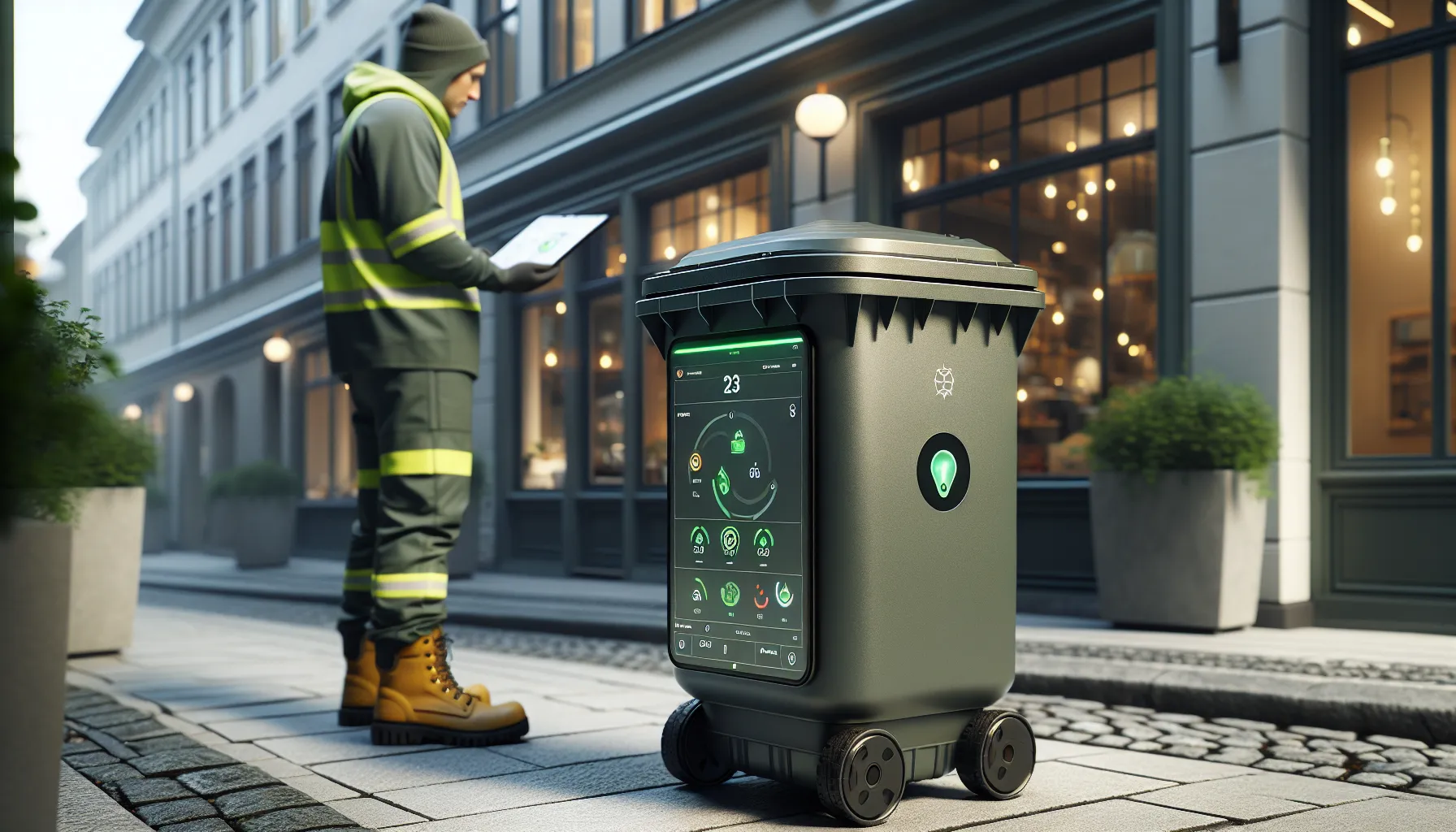 Norwegian city worker using tablet to monitor smart sensor-equipped waste containers.