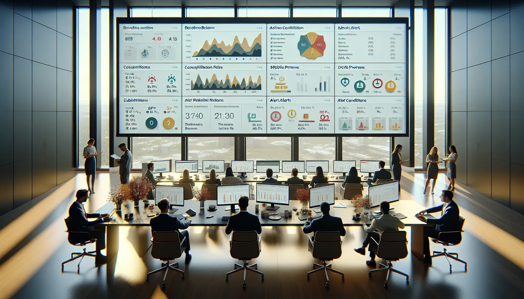 Analytics team refining Tableau alert thresholds and subscriptions on dashboards in a modern office.