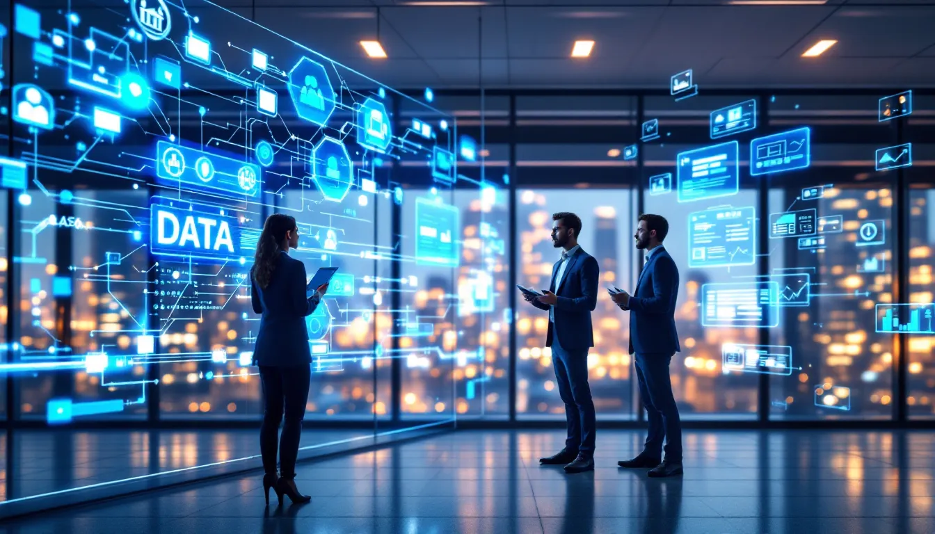 Professionals reviewing data pipeline infrastructure in modern enterprise command center.