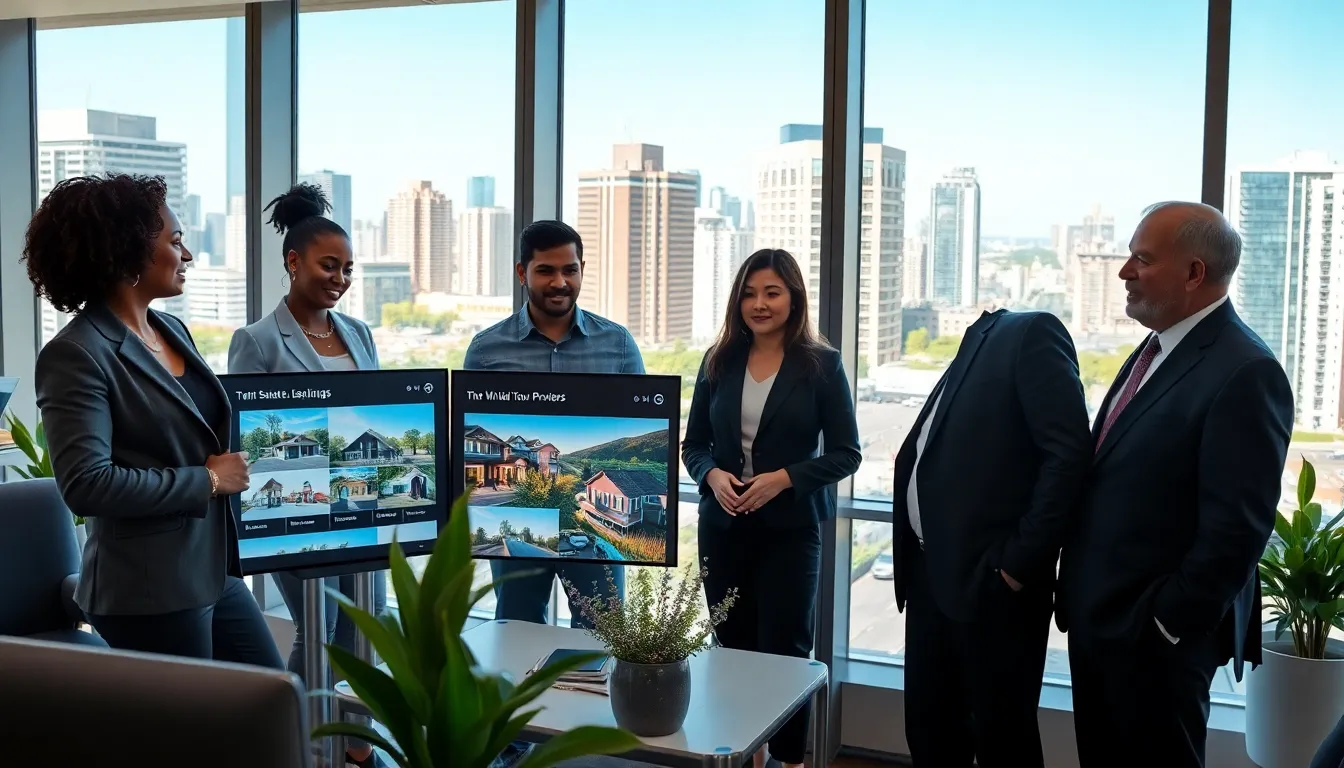 a team of diverse real estate professionals in a modern office space.