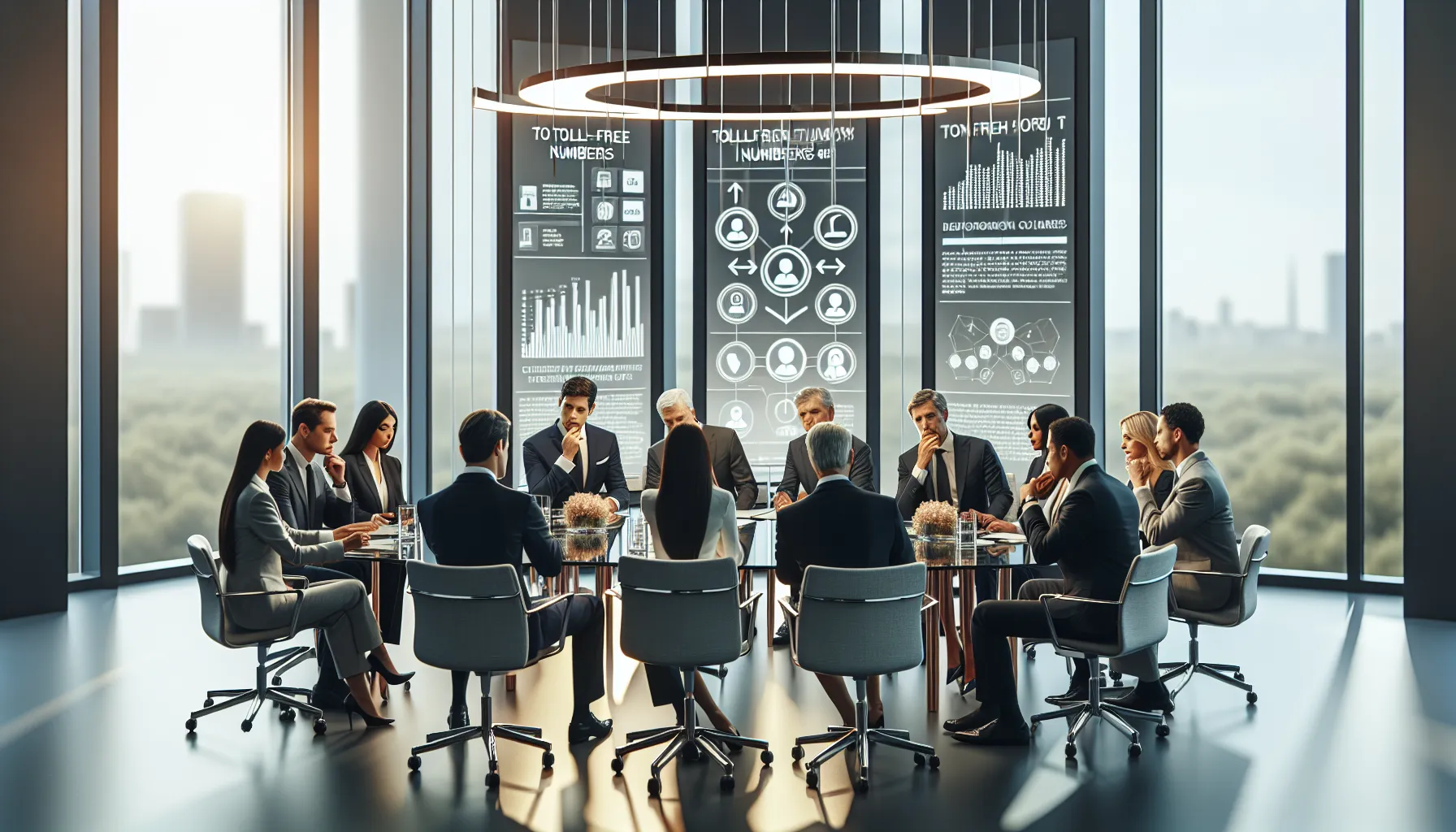 professionals discussing legal aspects of toll-free numbers in a conference room.