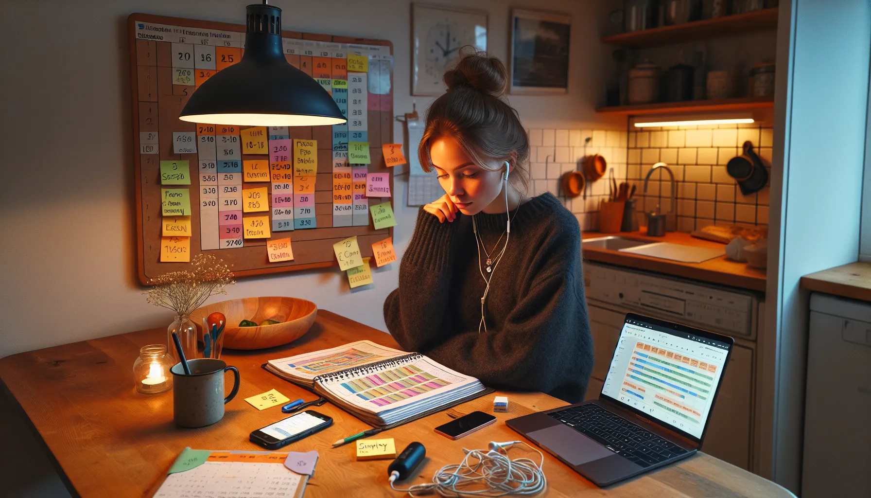 Hvordan kombinere videreutdanning med familieliv 3 Norwegian parent planning study blocks at kitchen table, family playing nearby.