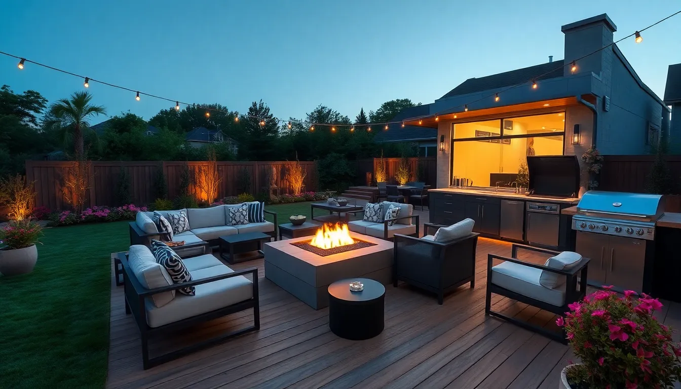 luxurious outdoor living space with seating and ambient lighting.