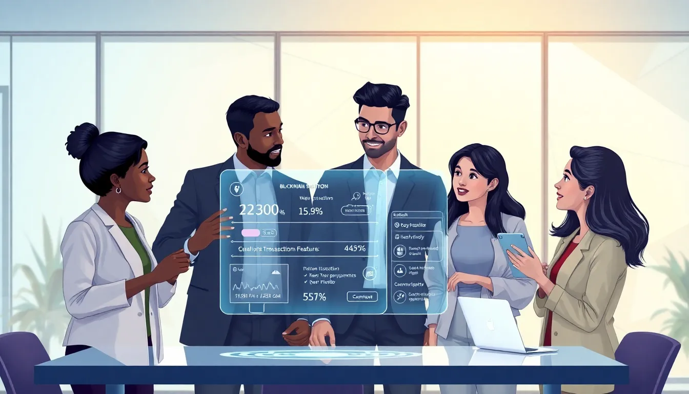 diverse professionals discussing the Bitclassic blockchain platform in a modern office.