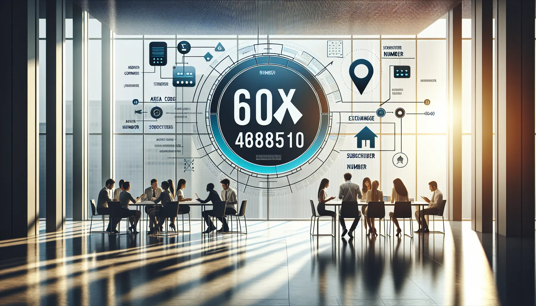 illustration of North American phone number structure with diverse professionals.