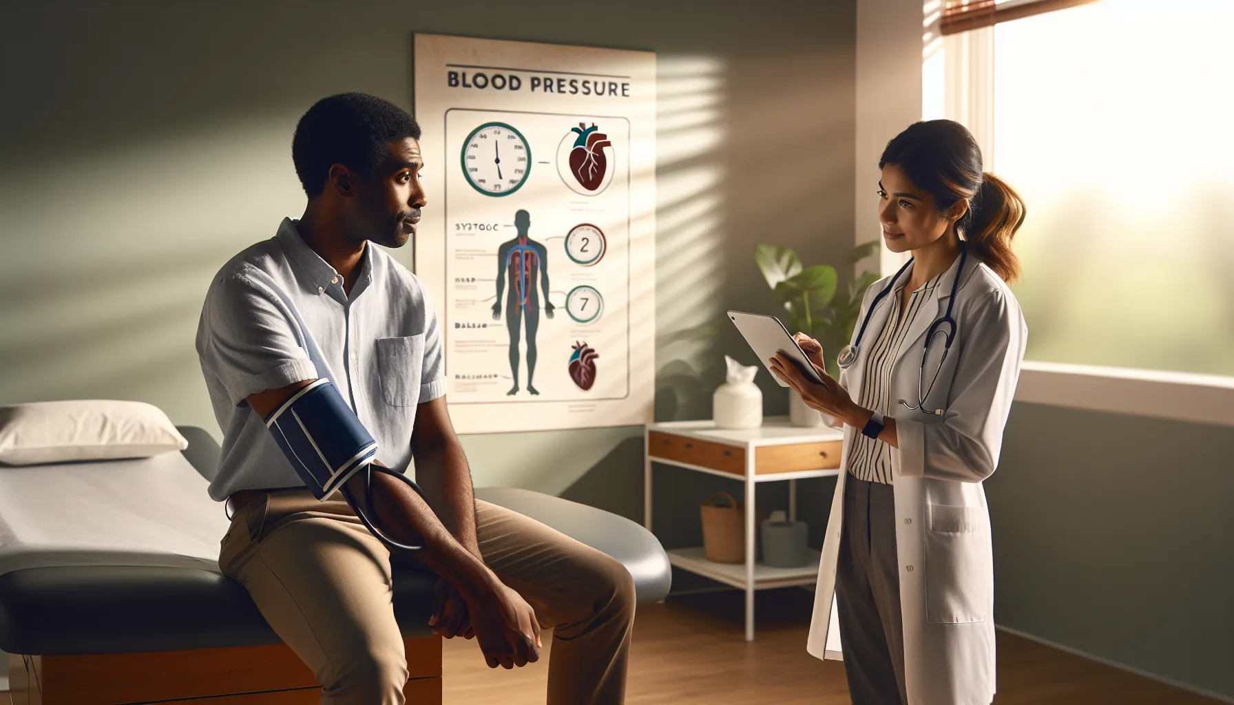 a doctor explaining blood pressure readings to a patient in a medical office.