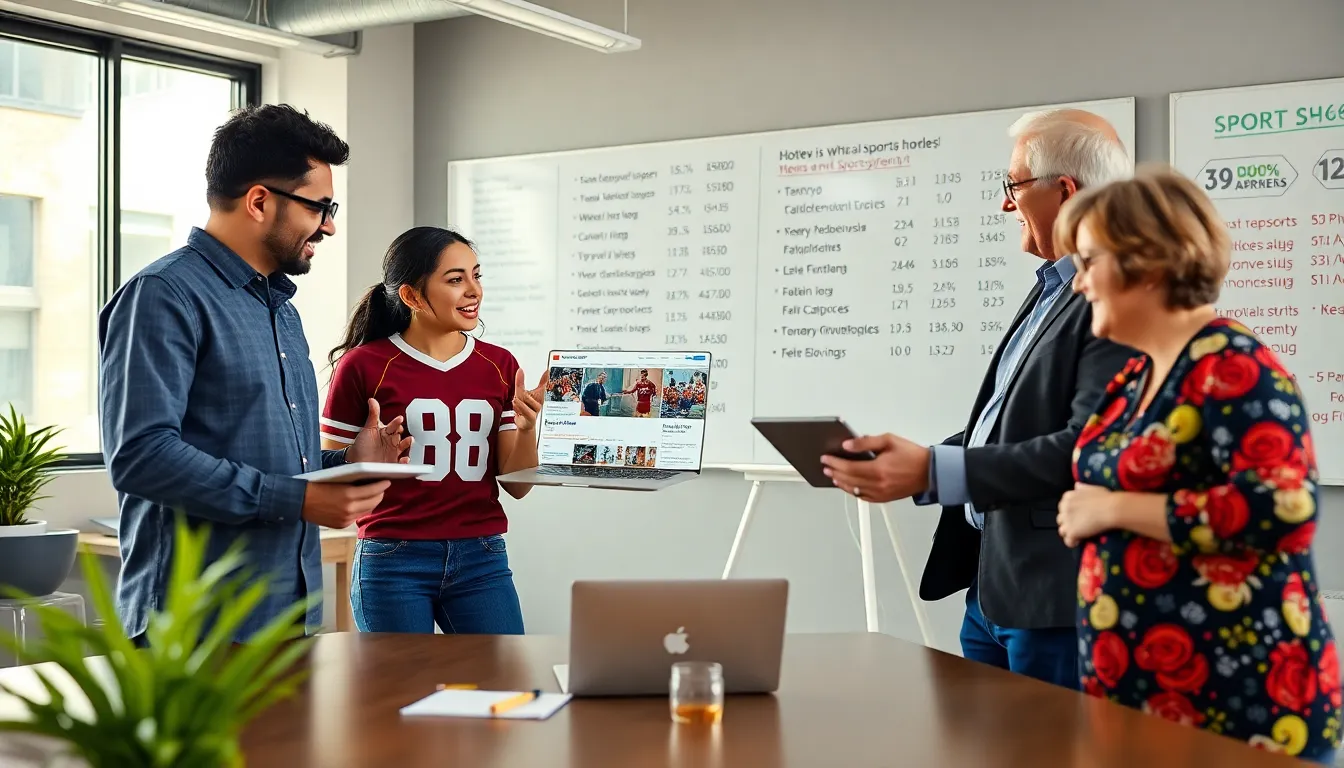 a diverse group discussing sports news in a modern office.
